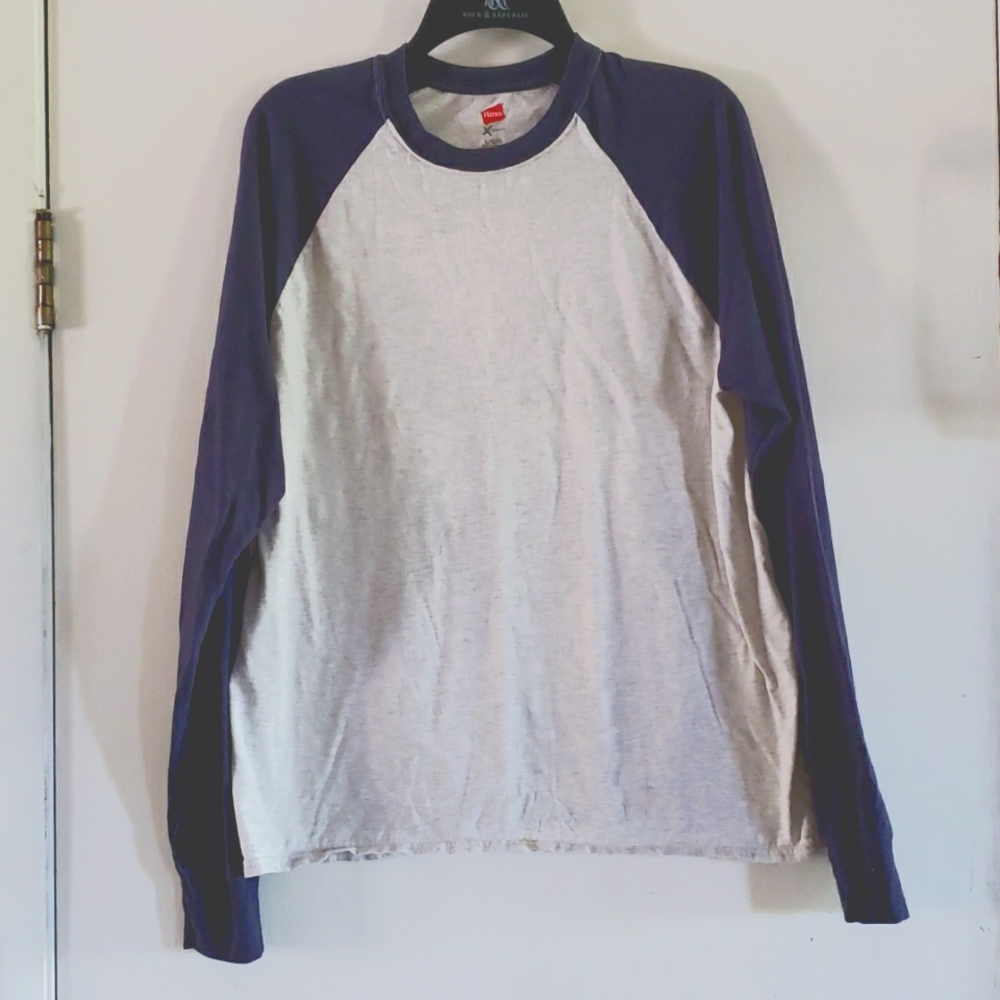 Hanes Long Sleeve Raglan Tee - White and Navy